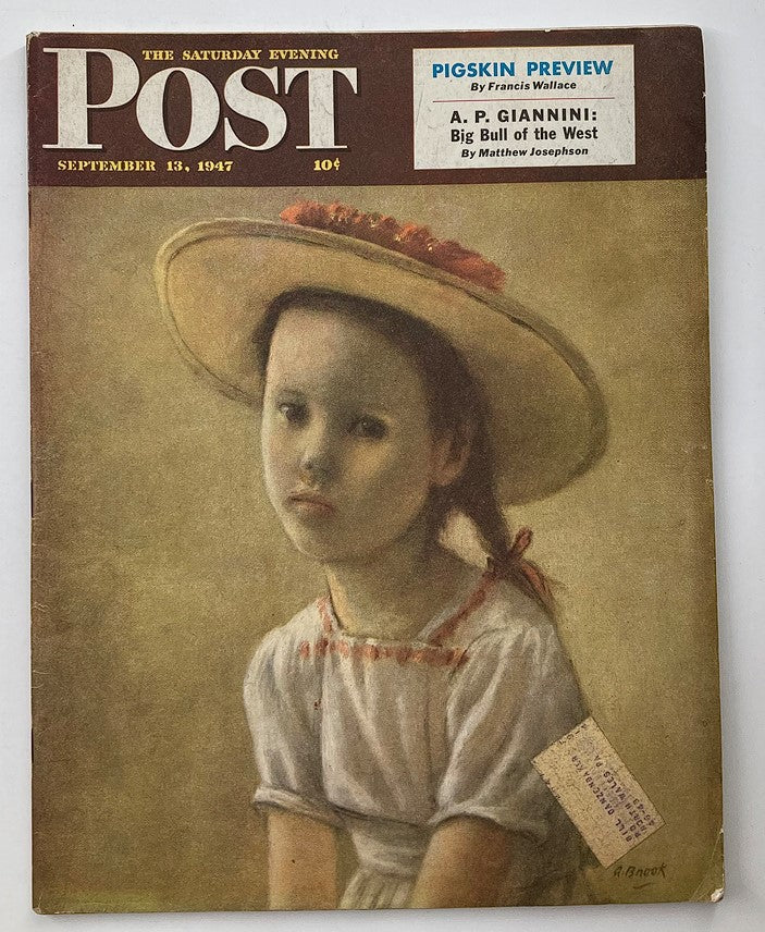 Cover of The Saturday Evening Post dated September 13, 1947, featuring the title A.P. Giannini: Big Bull of the West with artwork depicting a young girl in a straw hat.