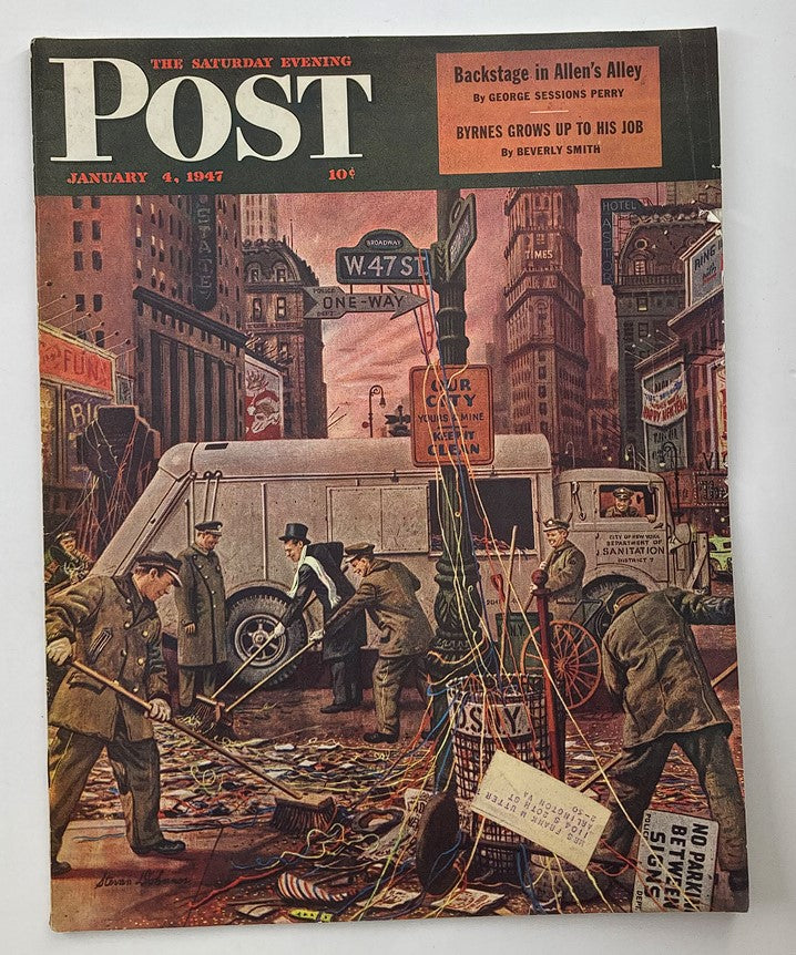 Cover of The Saturday Evening Post from January 4, 1947, featuring the cover story 'Byrnes Grows Up To His Job' with an illustration of men working on the streets of New York City.