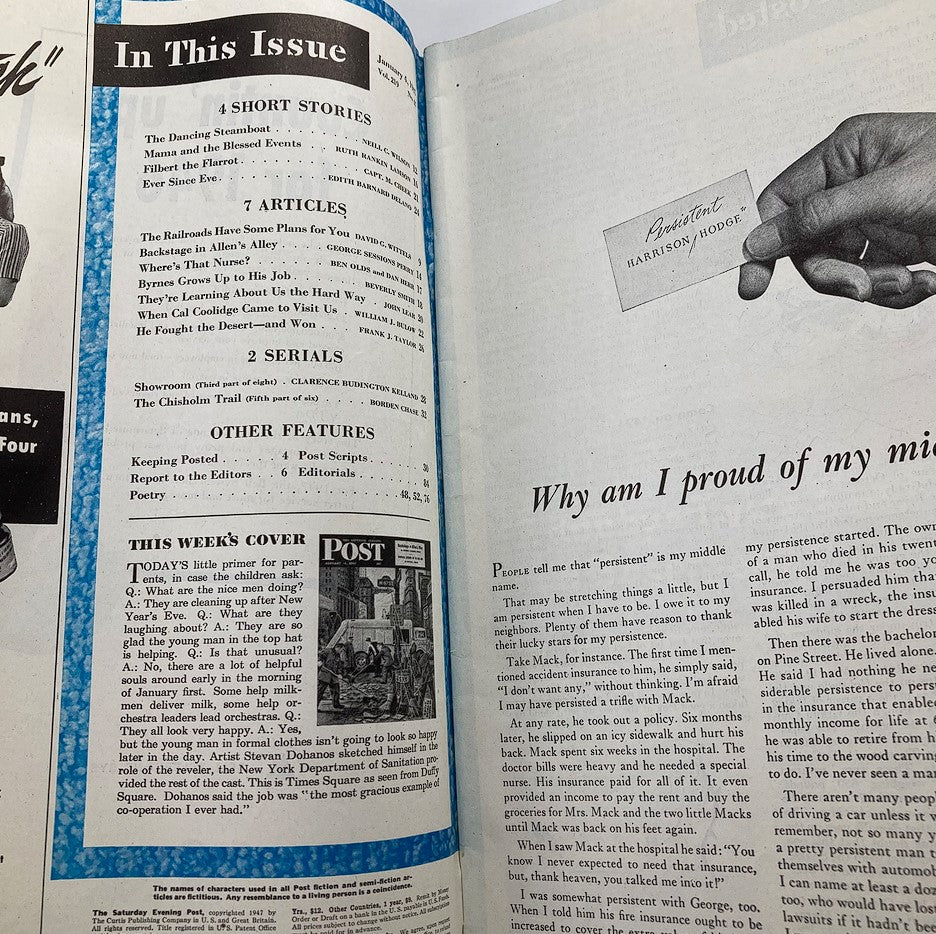 Inside page of The Saturday Evening Post January 4, 1947, showcasing the table of contents and details of articles including 'Byrnes Grows Up To His Job'.