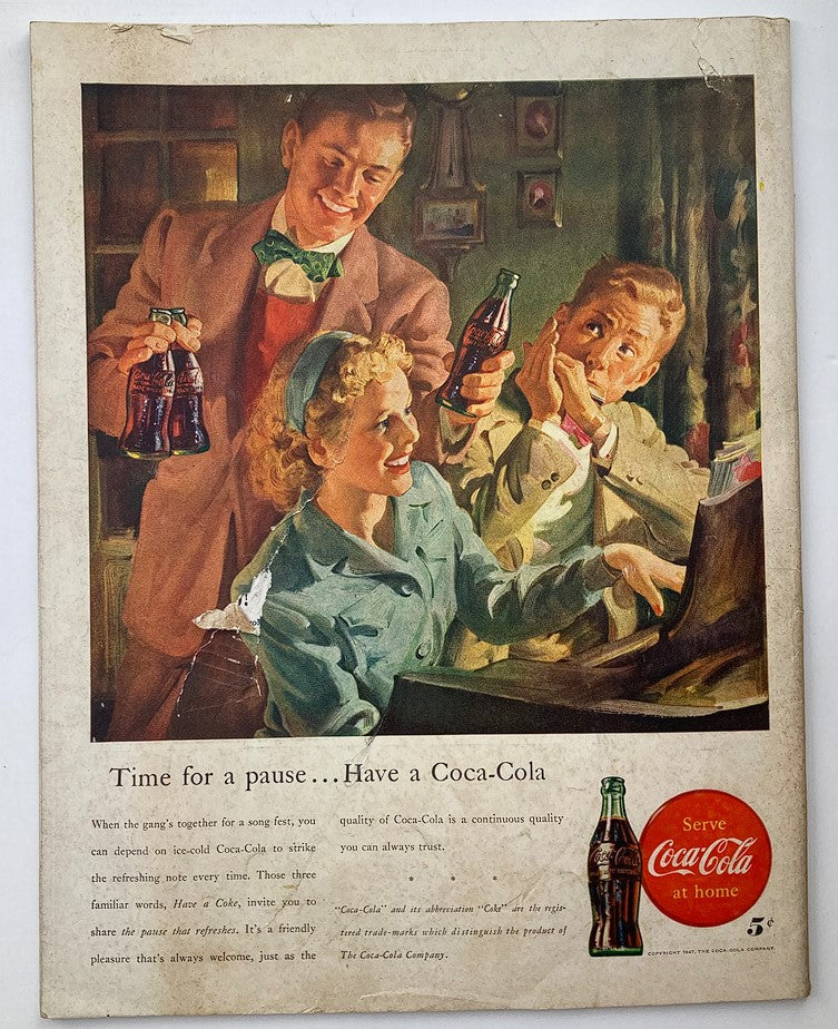 The Saturday Evening Post January 4 1947. Vintage advertisement featuring a cheerful group enjoying Coca-Cola, highlighting themes of refreshment and camaraderie.