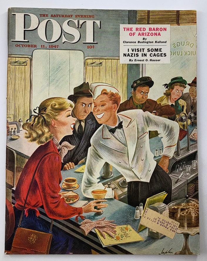 Cover of The Saturday Evening Post from October 11, 1947, featuring the article 'The Red Baron of Arizona' with vibrant 1940s artwork depicting a lively diner scene.