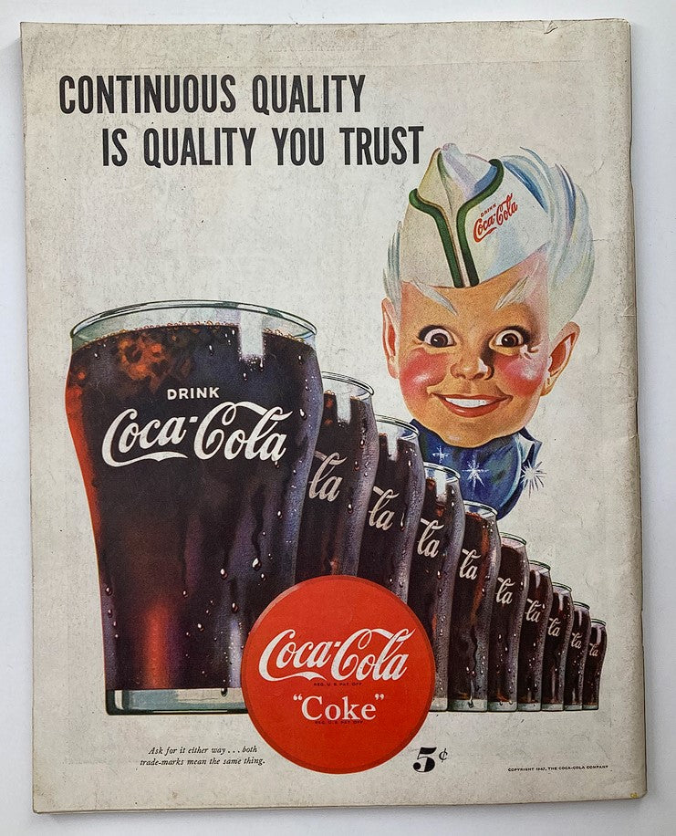 Vintage advertisement in The Saturday Evening Post October 11 1947 promoting Coca-Cola with a smiling boy in a soda fountain hat.
