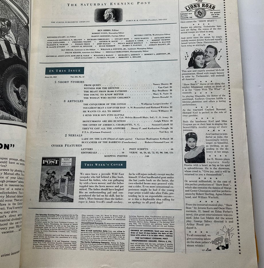 Inside page of The Saturday Evening Post June 23 1951 detailing contents and articles, showcasing vintage magazine layout and design.