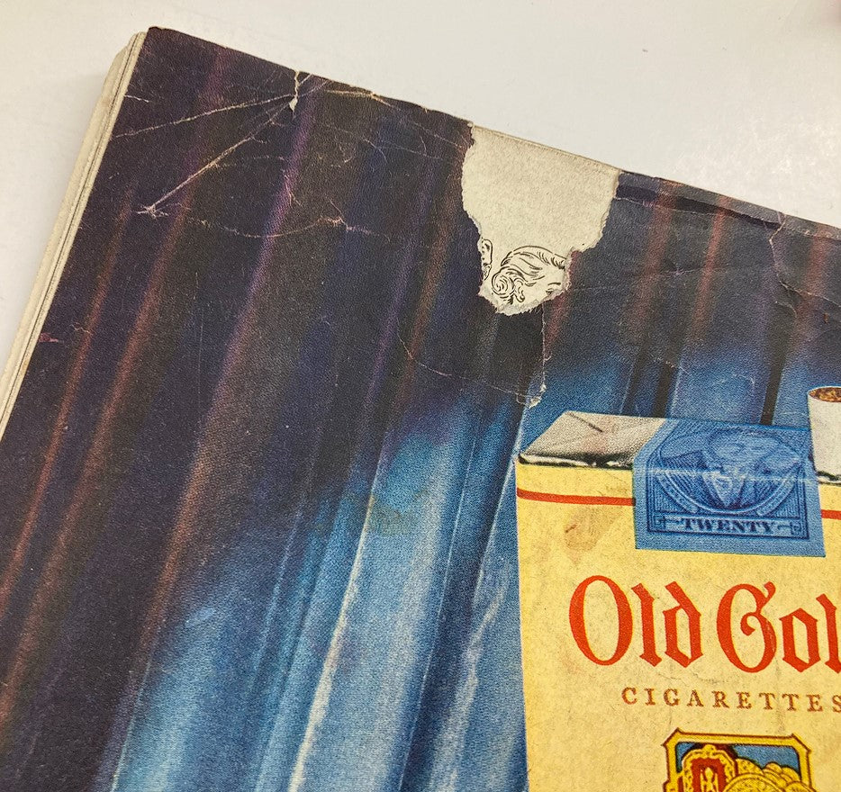 Close-up view of the damaged cover of The Saturday Evening Post June 23 1951, featuring wear and tear with a visible Old Gold cigarette advertisement. This vintage magazine cover highlights the time's artistic style.