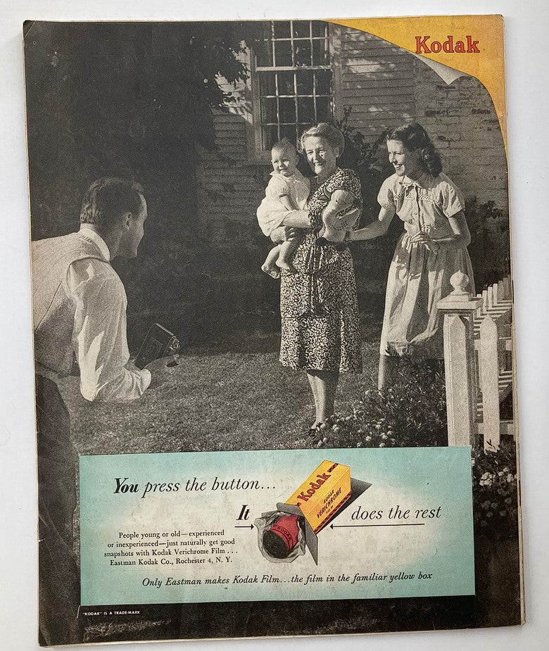 Back cover of The Saturday Evening Post August 28, 1948 advertising Kodak film with a nostalgic family scene.