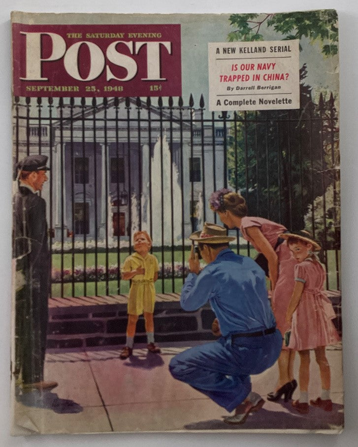 Cover of The Saturday Evening Post, September 25, 1948, featuring a scene with a child in a yellow outfit and adults taking notice, highlighting the question 'Is Our Navy Trapped In China?'