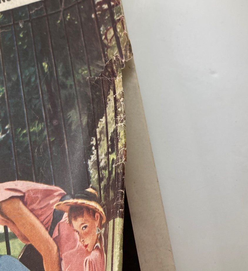Detail from The Saturday Evening Post September 25, 1948 showing a child peeking through a fence with a woman working behind her, creating a playful and curious scene that captures the essence of 1940s youth.