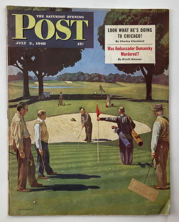Cover of The Saturday Evening Post July 3 1948 featuring a painting of men at a golf course, questioning 'Was Ambassador Oumansky Murdered?'. This vintage magazine highlights mid-20th century Americana.