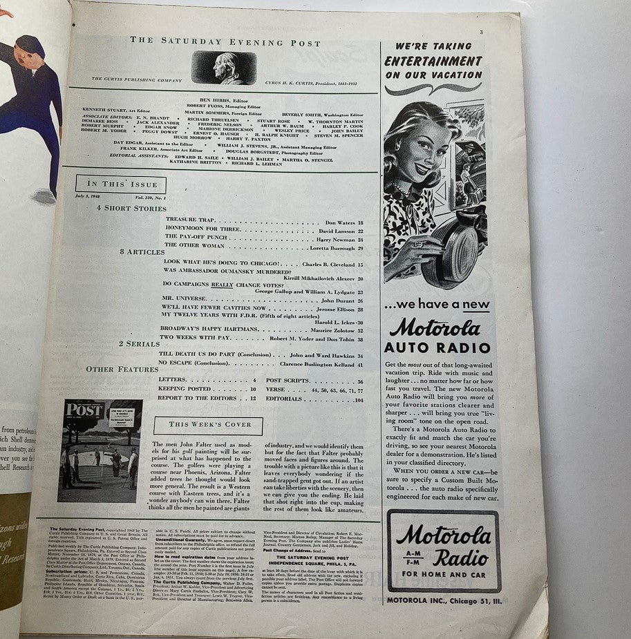 Interior page of The Saturday Evening Post July 3 1948 displaying the contents and advertisements, reflecting the magazine’s format and design typical of the late 1940s.
