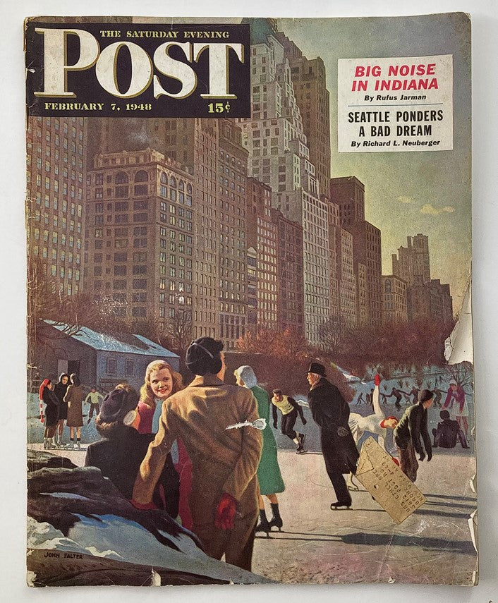The Saturday Evening Post February 7, 1948 cover featuring urban winter scene with people skating and walking, showcasing illustration by John Falter.