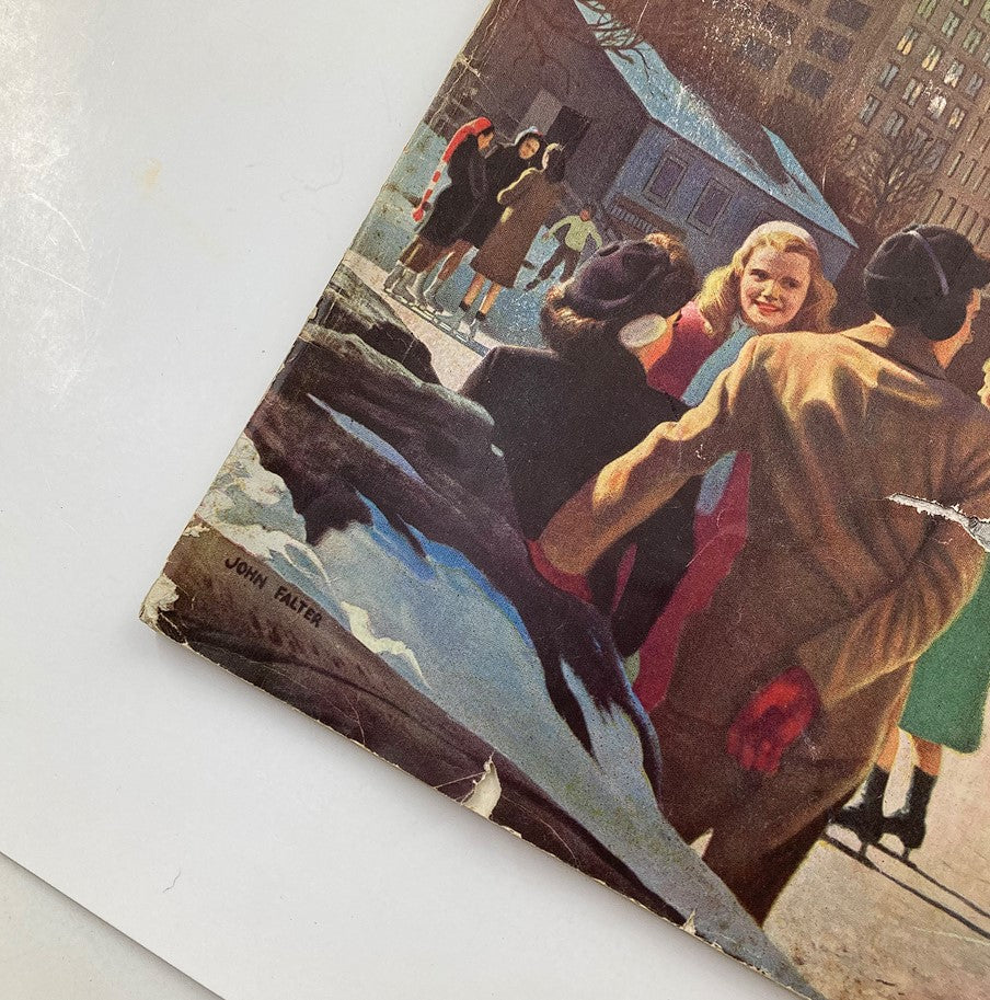 Close-up view of The Saturday Evening Post February 7, 1948 cover highlighting details of people enjoying winter activities in a city setting.