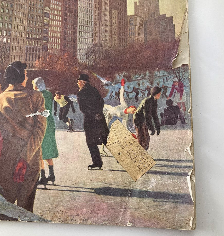 Side view of The Saturday Evening Post February 7, 1948 cover revealing skaters and pedestrians in a bustling winter scene, painted by John Falter.