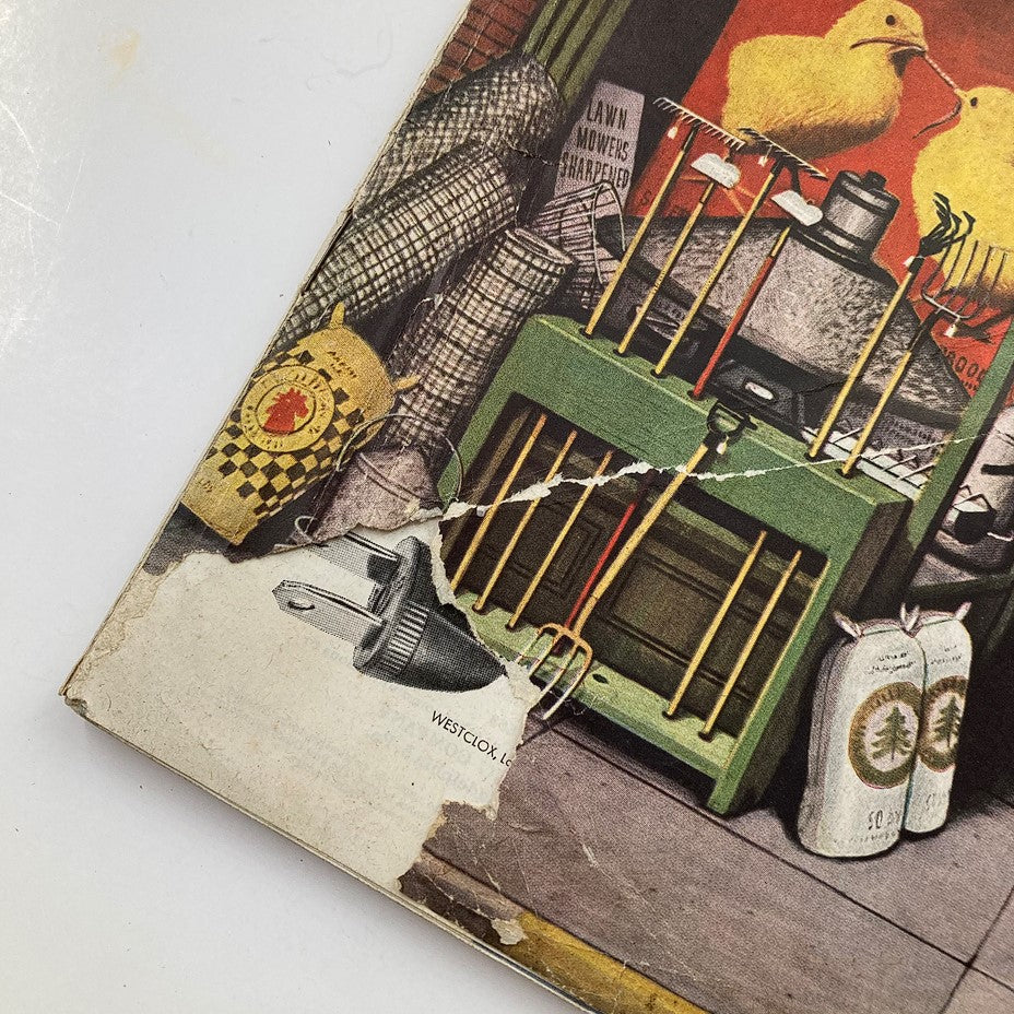 Close-up of the damaged corner of the Saturday Evening Post March 16, 1946, showing exposed seams and minor creases.