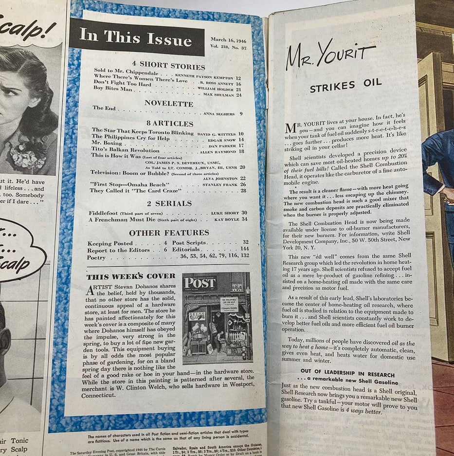Interior page from the Saturday Evening Post March 16, 1946, detailing articles and stories including 'The Philippines Cry for Help'.