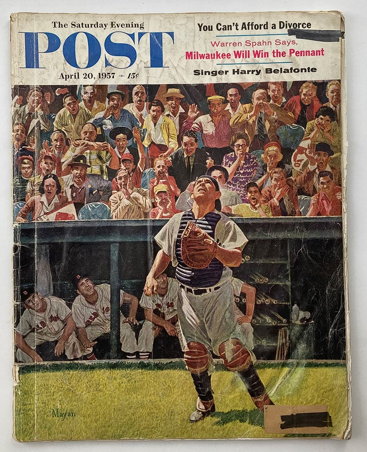 The Saturday Evening Post April 20 1957 cover featuring Warren Spahn declaring Milwaukee will win the pennant, surrounded by enthusiastic baseball fans.