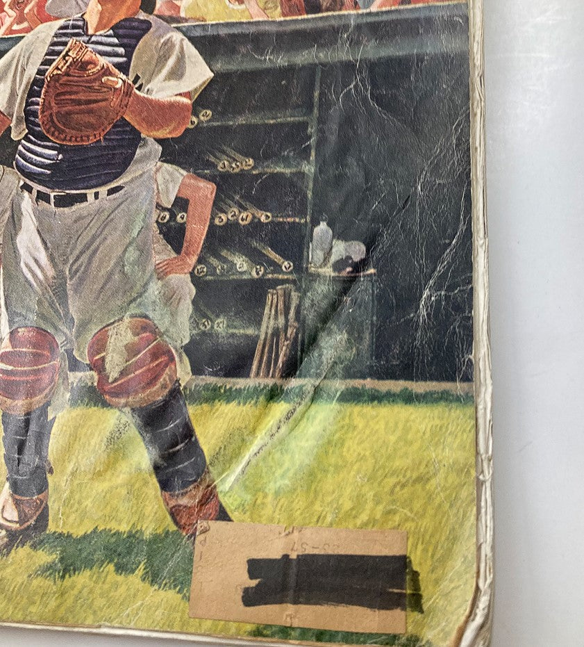 Detailed look at The Saturday Evening Post April 20 1957 cover, highlighting Warren Spahn in a catcher's gear amidst cheering fans.