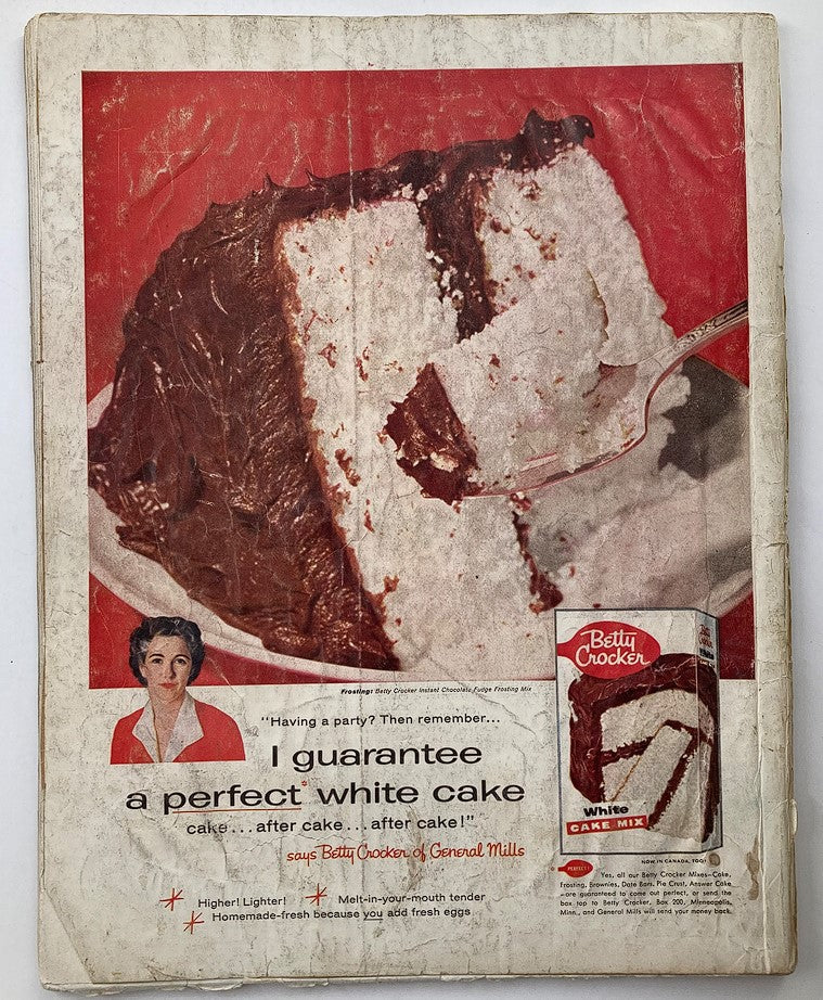 Back cover of The Saturday Evening Post April 20 1957 featuring an advertisement for Betty Crocker's cake mix amidst vintage magazine aesthetics.