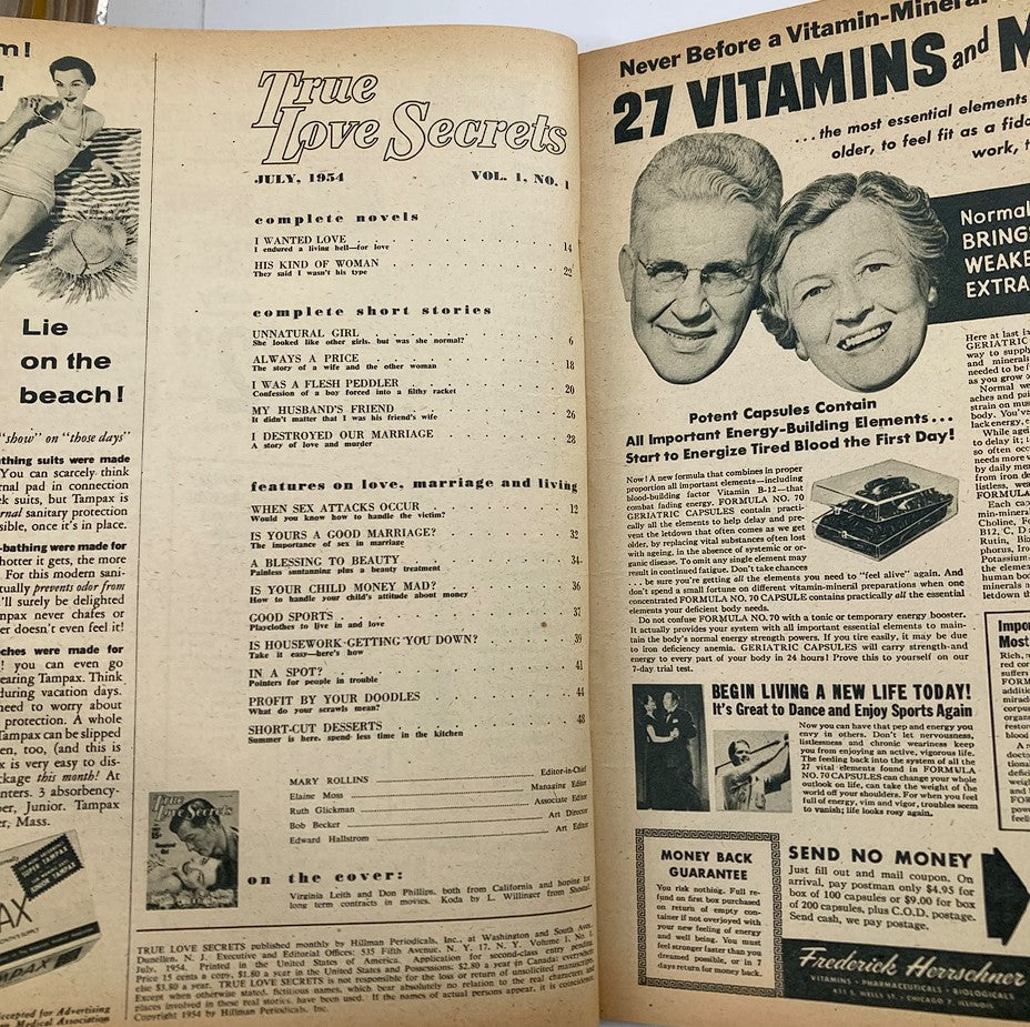 Internal page of VTG True Love Secrets Magazine July 1954 Vol 1 #1 showcasing the table of contents, featuring short stories and articles on love, marriage, and living.