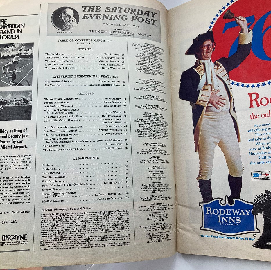 Inside page of The Saturday Evening Post March 1976 Vol 248 #2 displaying the table of contents and various featured articles, including a photograph by David Sutton.