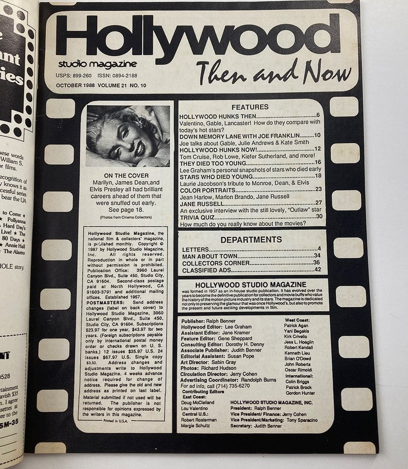 Inside page of VTG Hollywood Studio Magazine October 1988, detailing features and articles on iconic stars including Marilyn Monroe, Elvis Presley, and James Dean.