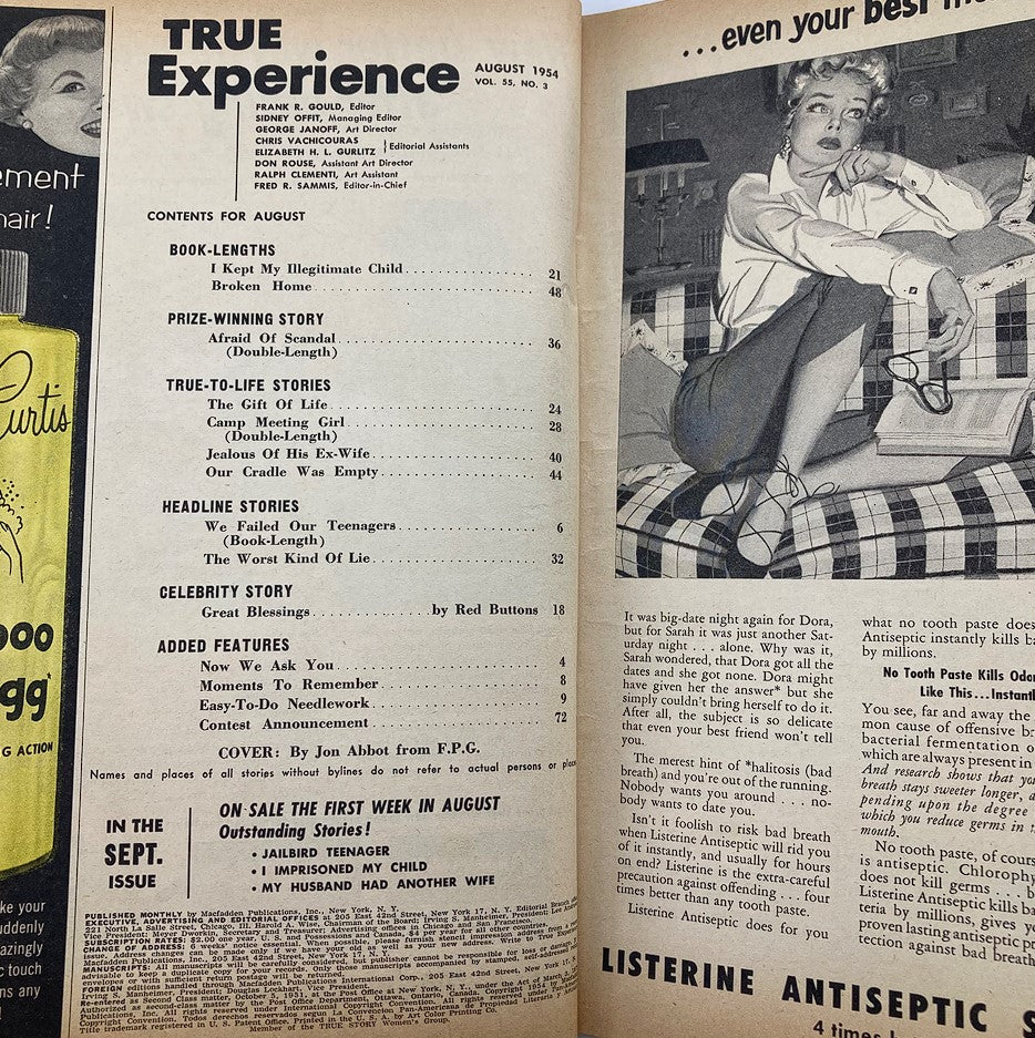 Interior page of VTG True Experience Magazine August 1954 Vol 55 #3 displaying the table of contents, listing intriguing articles including "Jealous of His Ex-Wife" and other engaging stories.