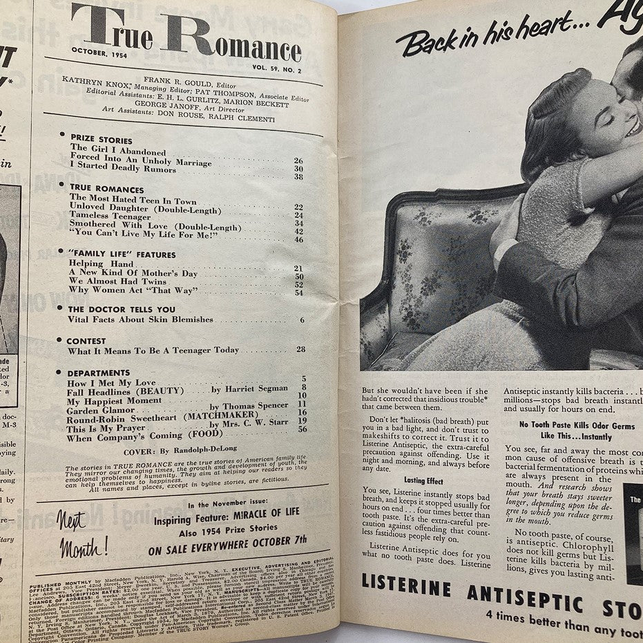 Inside page of VTG True Romance Magazine October 1954 displaying the Table of Contents with highlighted stories including 'Forced into an Unholy Marriage' and 'I Started Deadly Rumors'.