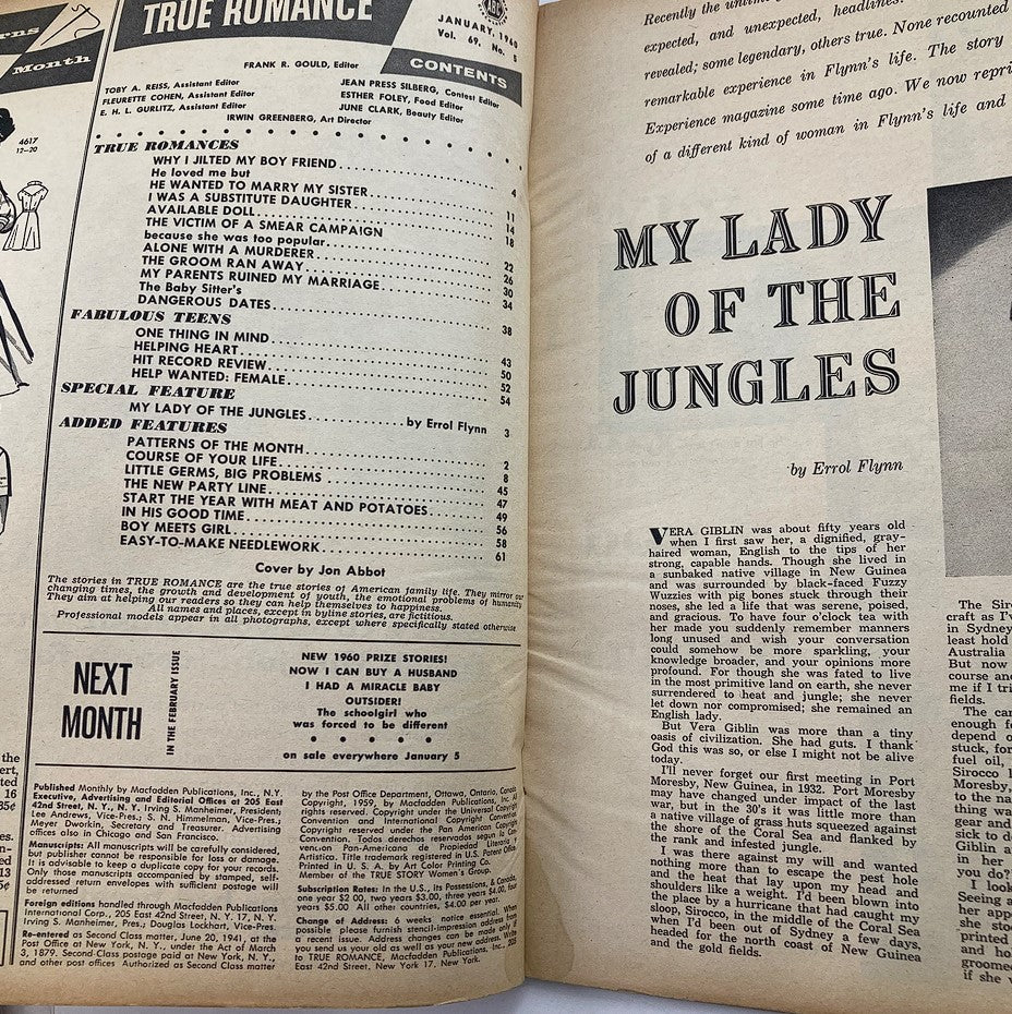 Interior page of the VTG True Romance Magazine January 1960 showing the table of contents, highlighting the article 'My Lady of the Jungles' and other featured stories.