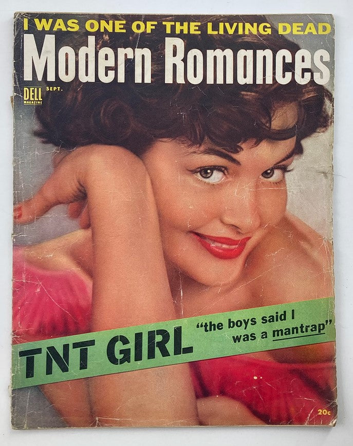 VTG Modern Romances Magazine September 1954 cover featuring the title 'I Was One of the Living Dead,' with a smiling woman showcasing a glamorous vintage aesthetic.