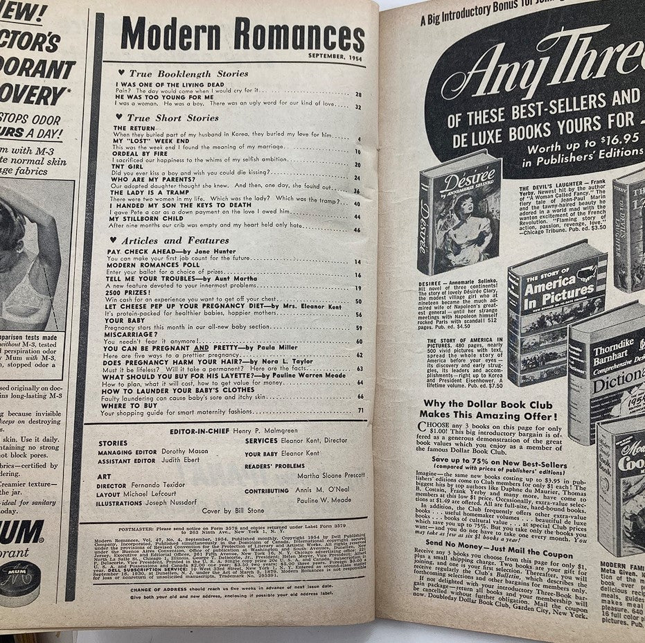 Inside page of VTG Modern Romances Magazine September 1954 displaying the table of contents with story listings and features from that issue.