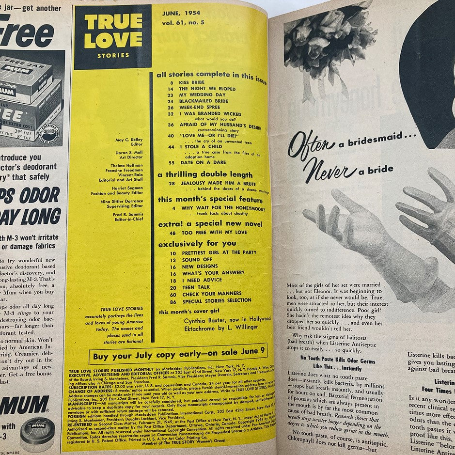 Inside page of VTG True Love Stories Magazine June 1954 Vol 61 #5 displaying the table of contents, listing featured stories with titles reflecting mid-20th century romance themes.