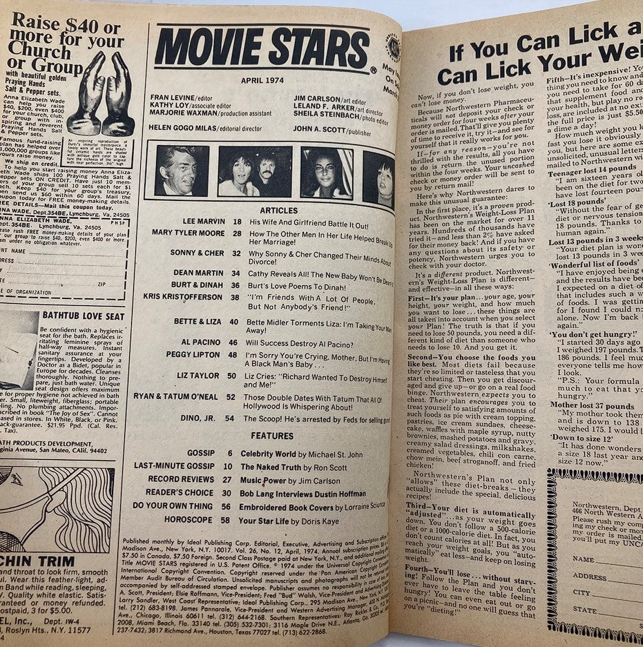 Inside pages of the VTG Movie Stars Magazine, April 1974, showcasing articles and features, including listings on Dean Martin and other celebrities of that era.