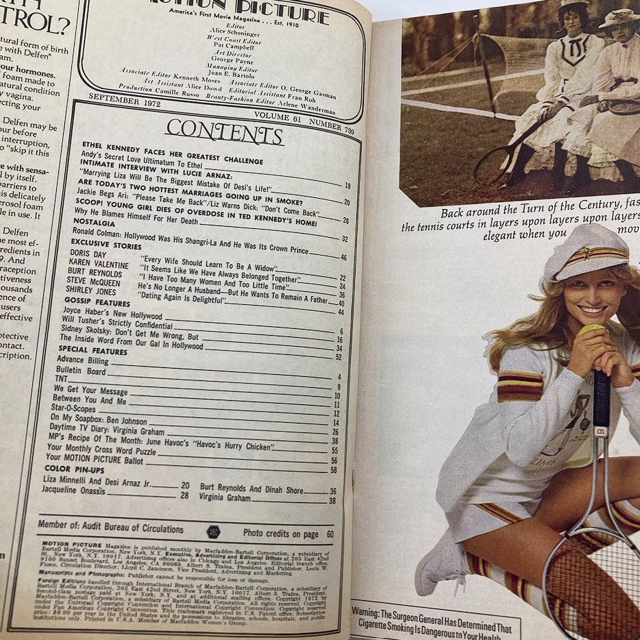 Interior page from VTG Motion Picture Magazine September 1972, featuring the contents section with articles, interviews, and feature stories.