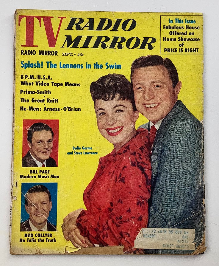 VTG TV Radio Mirror Magazine September 1958 featuring Eydie Gorme and Steve Lawrence on the cover, showcasing vibrant yellow background with other personalities listed.