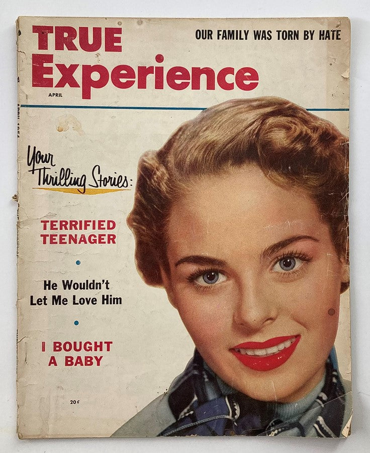 Cover of VTG True Experience Magazine April 1954 Vol 54 #5 featuring the title, 'I Bought A Baby,' with a vintage model's portrait.