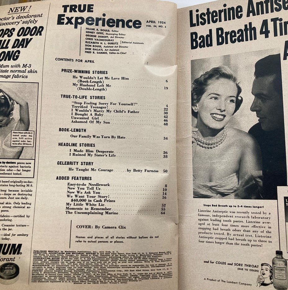 Inside page of VTG True Experience Magazine April 1954 Vol 54 #5, displaying the table of contents with article titles and vintage advertisements.