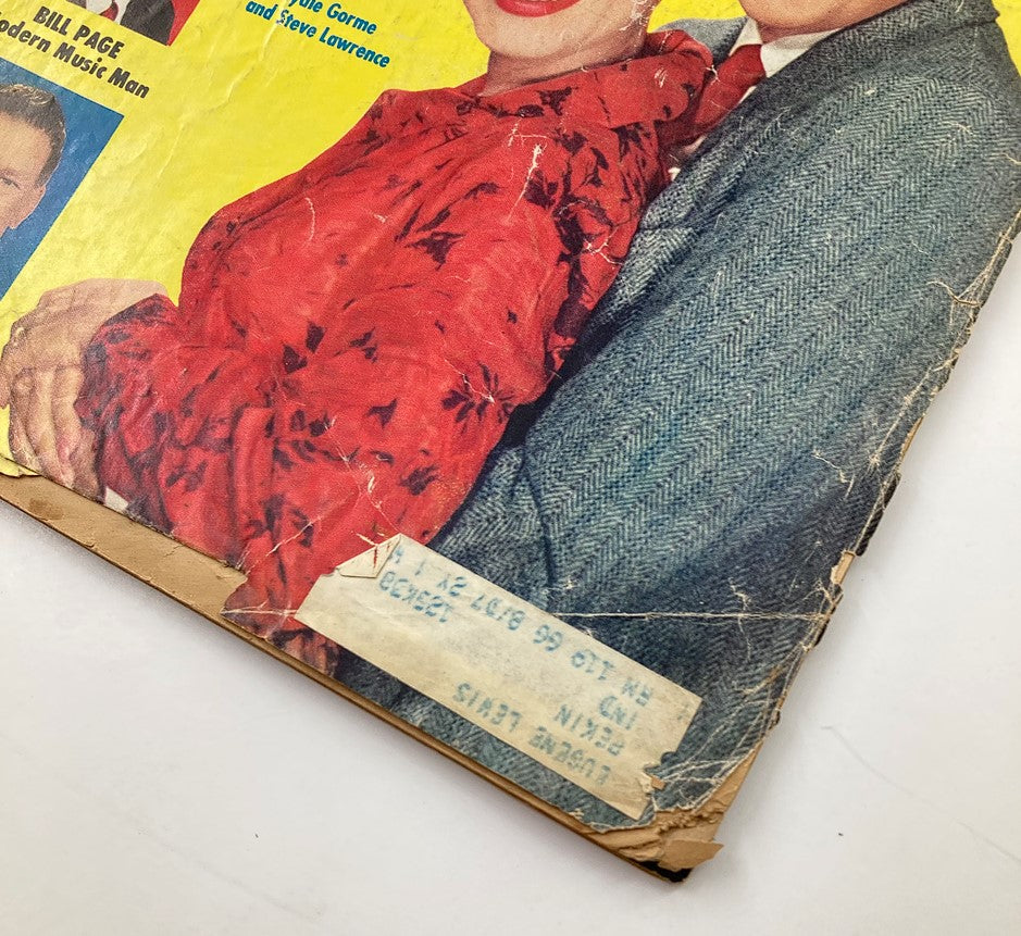 Close-up view of the cover of VTG TV Radio Mirror Magazine September 1958, highlighting Eydie Gorme in a red dress and Steve Lawrence in a suit, showing vintage wear.