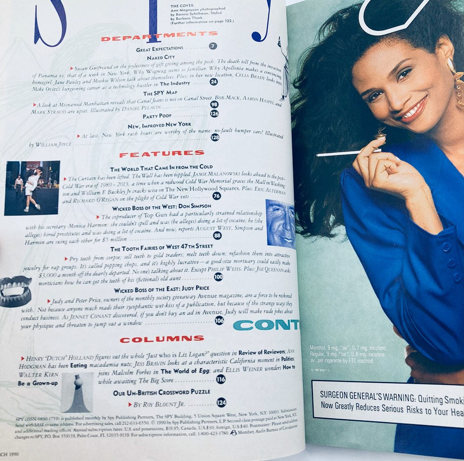 Interior page of Spy Magazine March 1990 showcasing an article layout with department highlights. Features insights on various topics relevant to the pop culture of the early '90s.