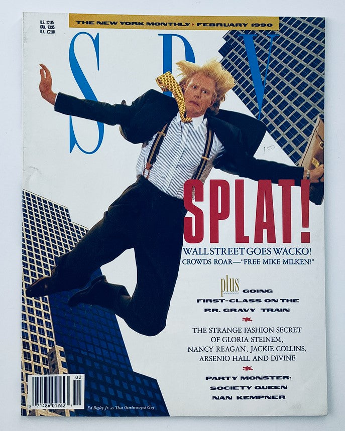Cover of Spy Magazine February 1990 featuring the title 'SPLAT! WALL STREET GOES WACKO!'. The cover illustration showcases a man with wild hair and suspenders, seemingly in mid-fall against a backdrop of skyscrapers, emphasizing the magazine's satirical take on the financial chaos of the era.