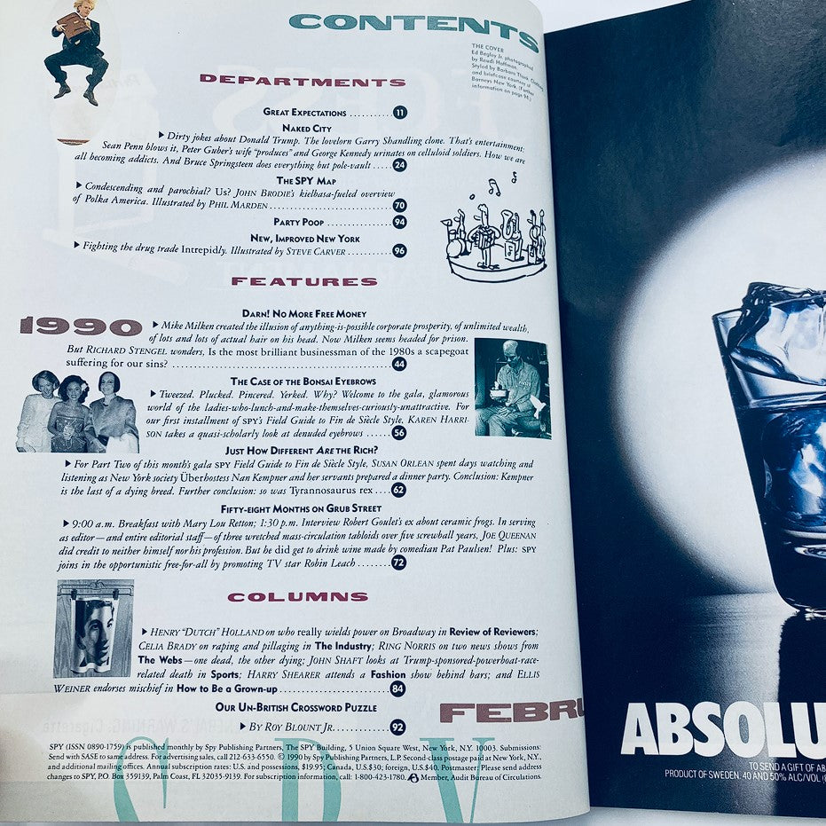 Contents page of Spy Magazine February 1990, highlighting various features and departments. The layout includes sections on cultural commentary and financial insights, reflecting the magazine's unique perspective on the events of the early 1990s.