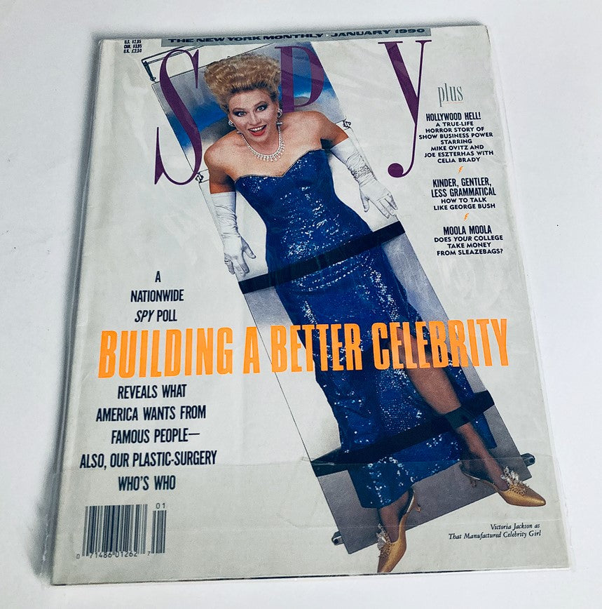 Cover of Spy Magazine January 1990 featuring Victoria Jackson as the Manufactured Celeb Girl, showcasing a humorous critique of celebrity culture with the headline 'Building a Better Celebrity'.