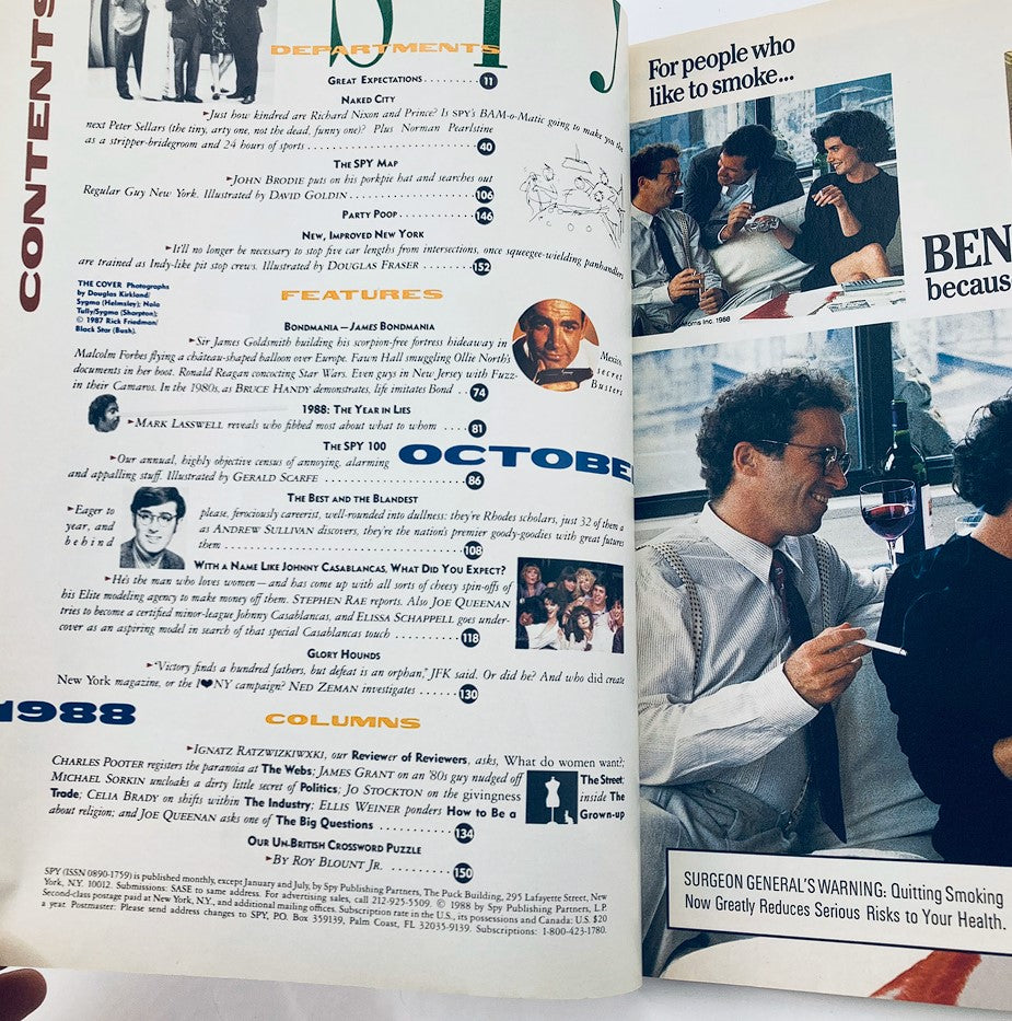 Contents page of VTG Spy Magazine October 1988 showcasing featured articles and sections, including insights by Andrew Sullivan and Joe Queenan, emphasizing the magazine's perspective on the political landscape.