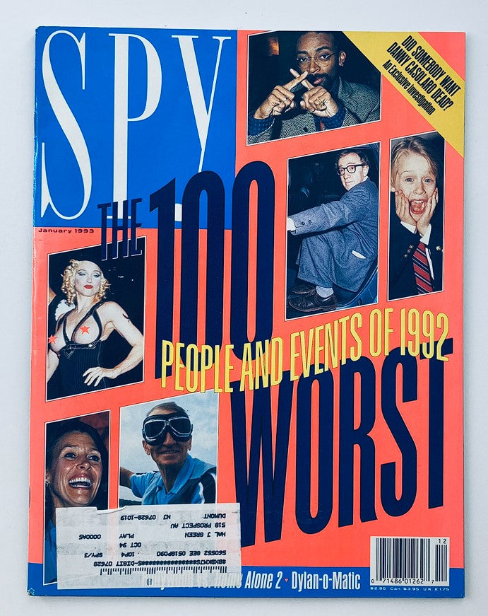 Cover of Spy Magazine January 1993 featuring notable personalities and theme 'The 100 Worst People and Events of 1992' with visuals of Madonna, a man posing, and additional humor related photographs.
