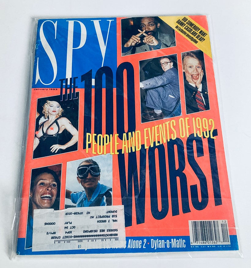 Spy Magazine January 1993 cover presented in a protective plastic covering, highlighting 'The 100 Worst People and Events of 1992' with images of celebrities.