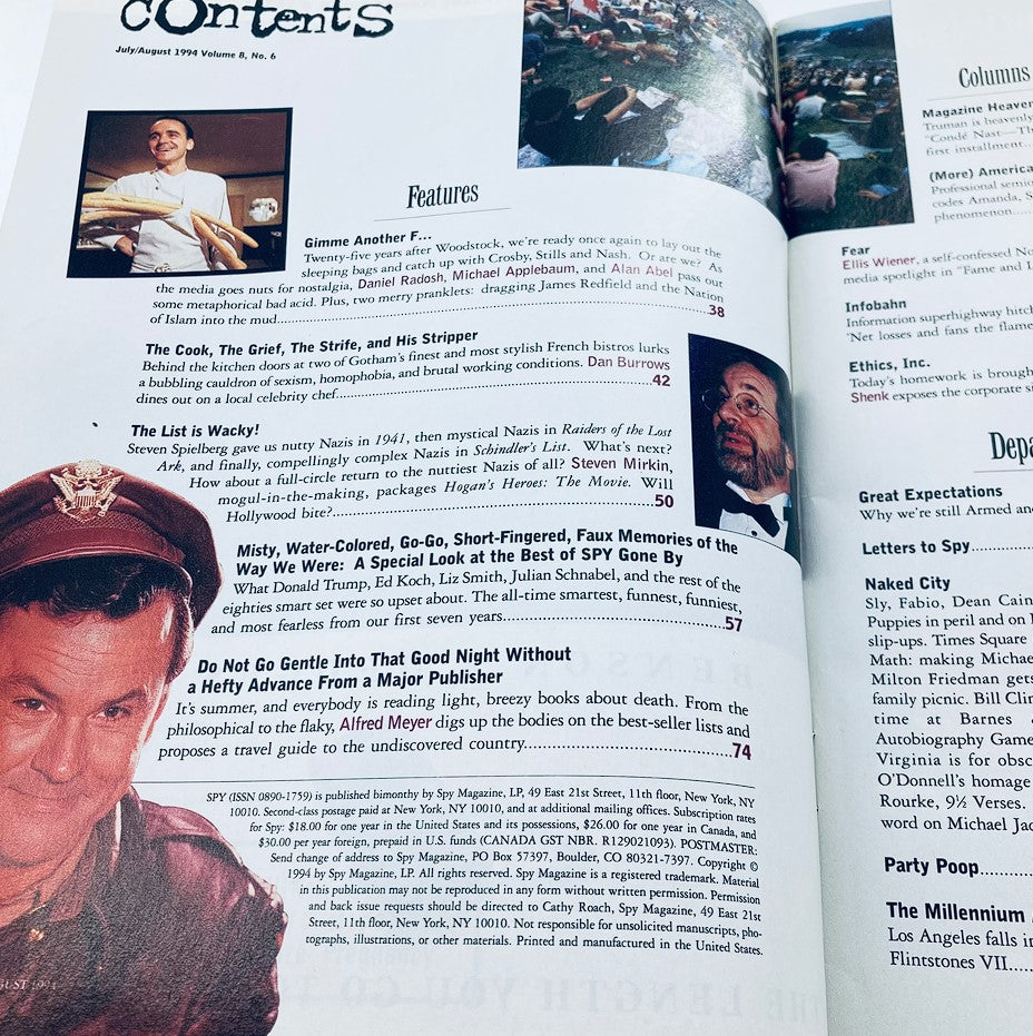 Contents page of Spy Magazine July 1994 Vol 8 #6, detailing features and columns within the issue, highlighting cultural commentary and humor.