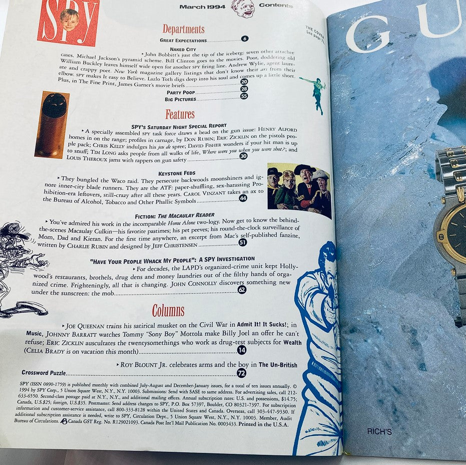Interior page of the Spy Magazine March 1994 issue showcasing the contents section with various articles and features.