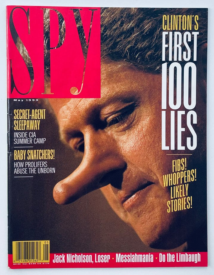 Cover of Spy Magazine May 1993 featuring 'Clinton's First 100 Lies', with an image of Bill Clinton portrayed humorously.