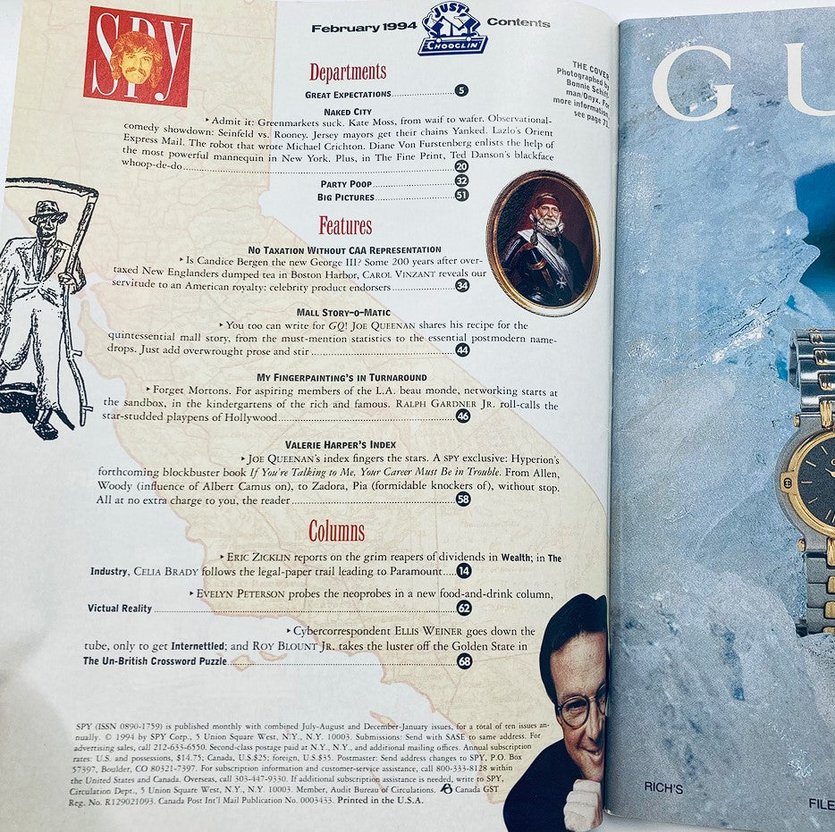 Table of contents page from Spy Magazine February 1994, showcasing the various features and articles within the issue.