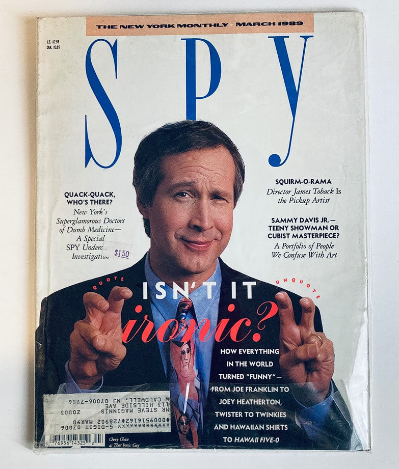 Cover of Spy Magazine March 1989 featuring Chevy Chase as 'That Ironic Guy' alongside Sammy Davis Jr.; a vintage collectible highlighting humor and celebrity culture.