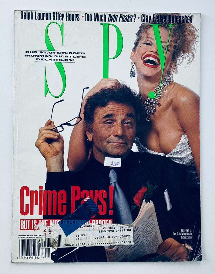 Cover of Spy Magazine, November 1990 featuring Peter Falk in a stylish suit, holding reading glasses, and a model in glamorous attire, with the headline 'Crime Pays!' and additional features including Ralph Lauren and Clay Felker.