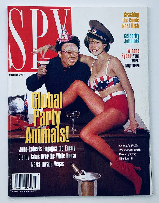 Cover of Spy Magazine October 1994 featuring Julia Roberts and Kim Jong Il with the headline 'Global Party Animals!' showcasing a fusion of celebrity culture and political satire.